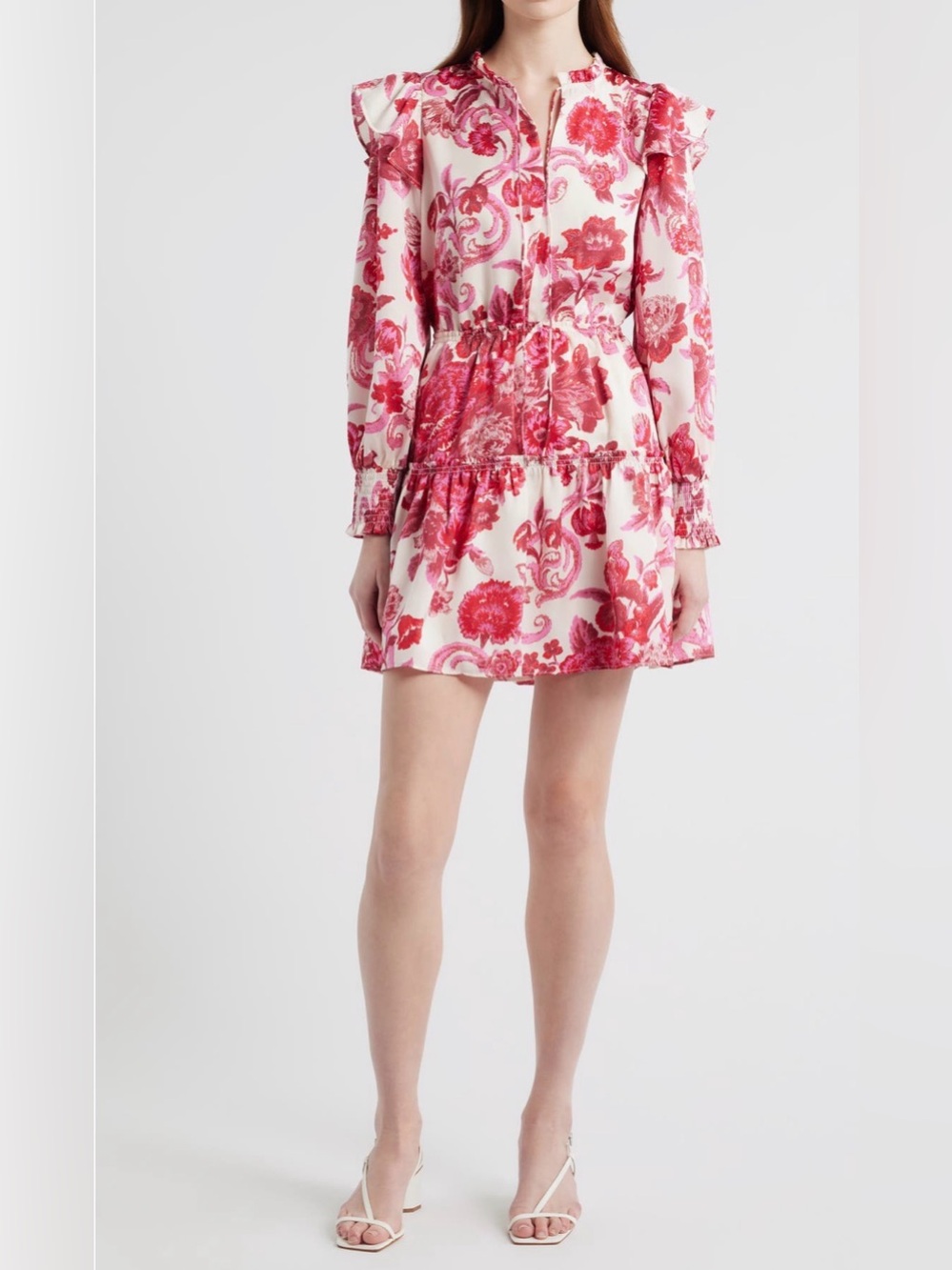 Chelsea28 Pink and White Floral Ruffle Tiered Mini Dress Size L